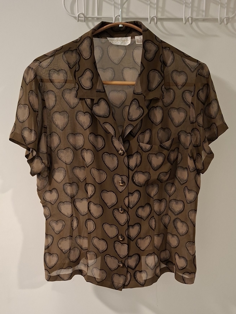Sheer Olive Green & Black Heart Print 100% Silk Flutter Sleeve Shirt (Size 10P)